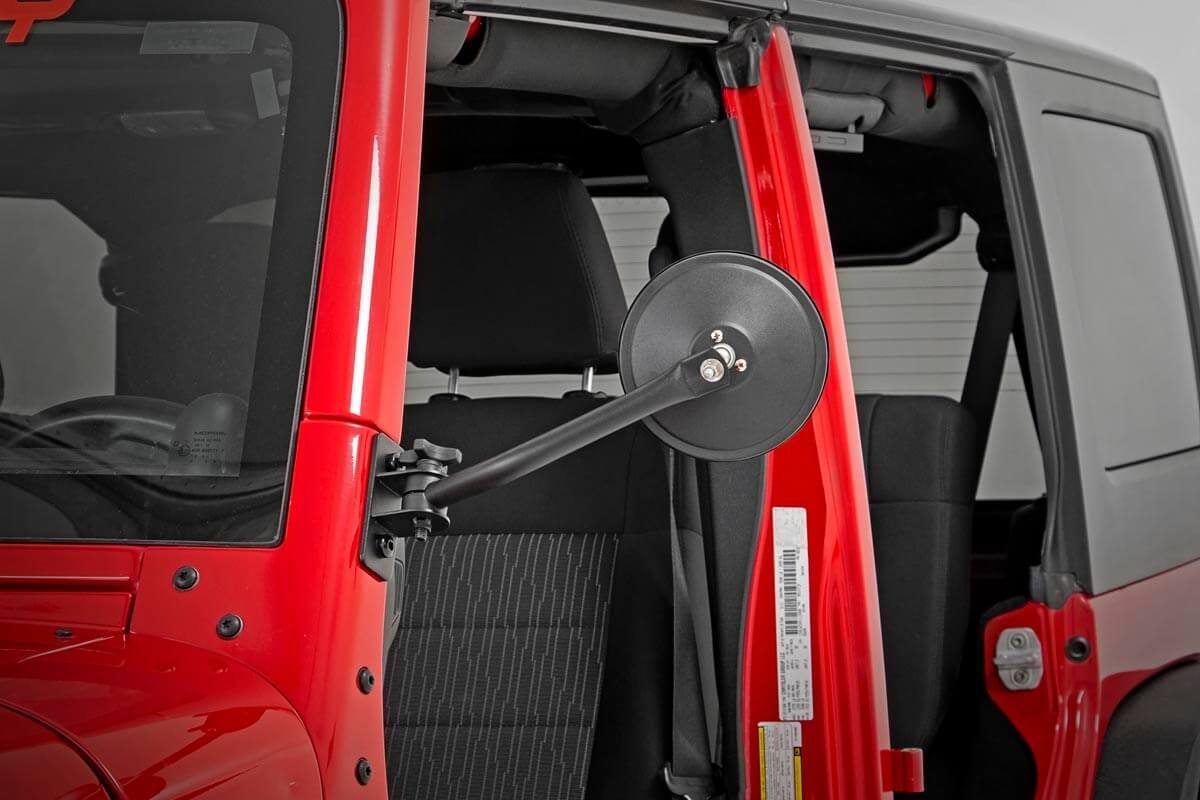 Jeep Wrangler JK Trail Mirror - Front - Rough Country - Foldable Round - Black - '07-'18